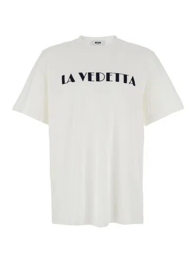 MSGM WHITE CREWNECK T-SHIRT WITH PRINT ON THE FRONT IN COTTON MAN