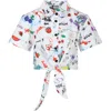 MSGM WHITE CROP SHIRT FOR GIRL WITH COMIC PRINT AND LOGO