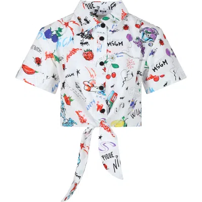Msgm Kids' White Crop Shirt For Girl With Comic Print And Logo