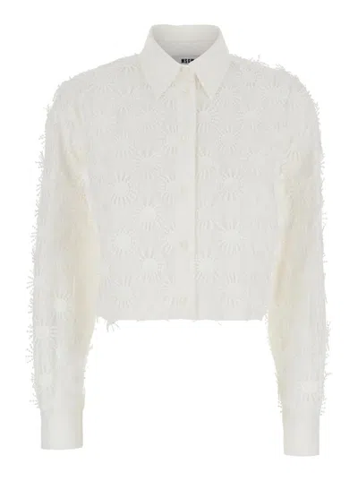 Msgm White Crop Shirt With All-over Applied Embroidery In Cotton Blend Woman