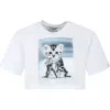 MSGM WHITE CROP T-SHIRT FOR GIRL WITH CAT PRINT AND LOGO