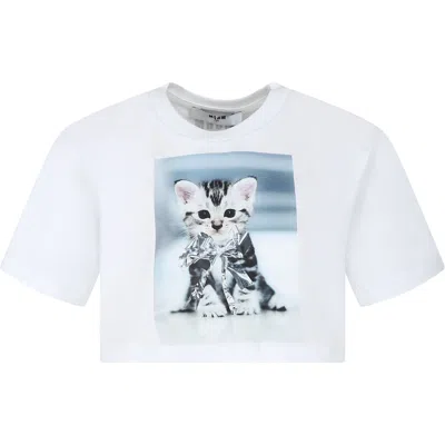 Msgm Kids' White Crop T-shirt For Girl With Cat Print And Logo