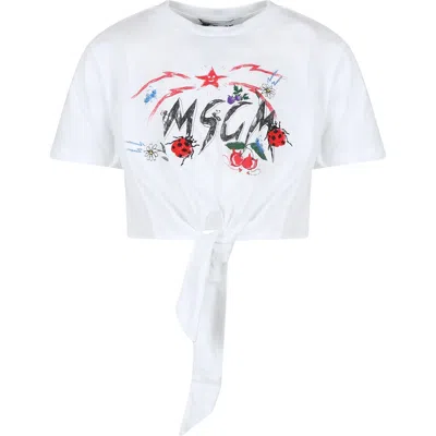 Msgm Kids' White Crop T-shirt For Girl With Logo And Ladybugs