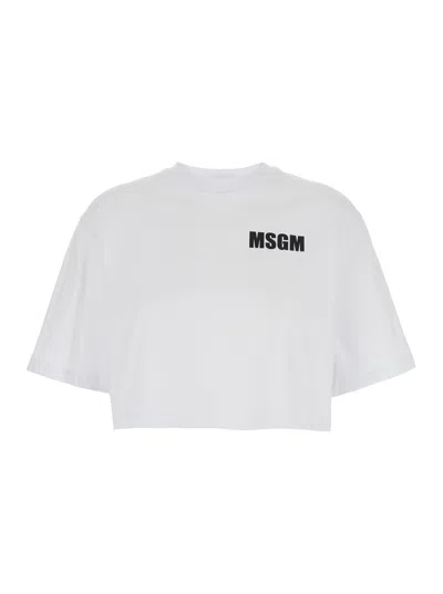 Msgm White Crop T-shirt With Logo Print On The Front And Maxi Print On The Back
