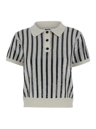 Msgm Knitwear Polo Collar Sequin Striped Short Sleeves In Multi