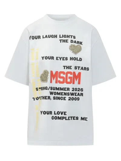 MSGM WOMEN WHITE GRAPHIC CREW NECK T-SHIRT, XS LUXURY T-SHIRTS FOR WOMEN DARVEYS