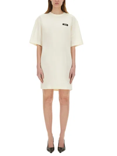 MSGM WOMEN WHITE LOGO CREW NECK MINI DRESS, M LUXURY DRESSES FOR WOMEN DARVEYS