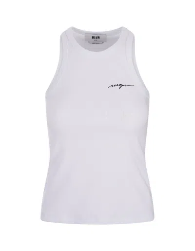 MSGM WHITE RIBBED TANK TOP WITH MSGM SIGNATURE