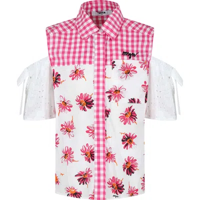 Msgm Kids' White Shirt For Girl With Daisy Print