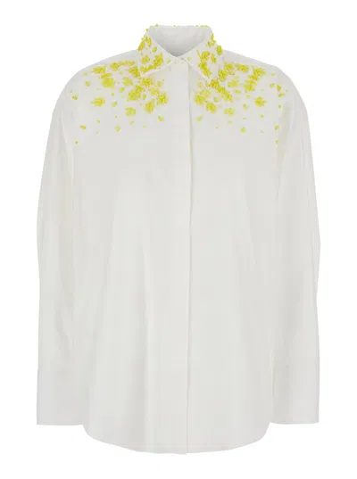 MSGM WHITE SHIRT WITH CLASSIC COLLAR AND FRONT EMBELLISHMENT IN FABRIC WOMAN
