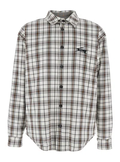 Msgm White Shirt With Logo Embroidery On The Front And All-over Check Motif In Viscose Blend Stretch Man