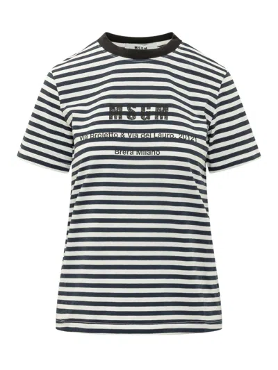 Msgm White Stripes Crew Neck T-shirt