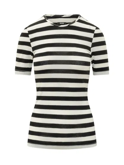 Msgm White Stripes Round Neck T-shirt In Black