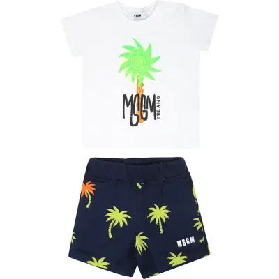 Msgm White Suit For Baby Boy With Logo And Palm Tree In Multicolor