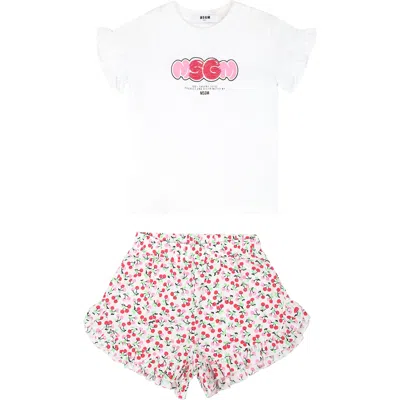Msgm Kids' White Suit Fr Baby Girl With Logo And Cherry In Multi
