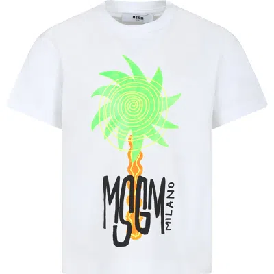 Msgm Kids' White T-shirt For Boy With Palm Tree Print And Logo