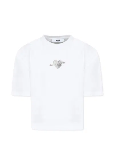 Msgm Kids' White T-shirt For Girl With Heart