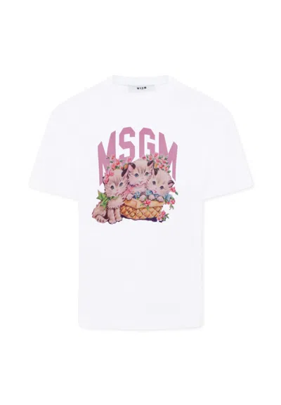 MSGM WHITE T-SHIRT FOR GIRL WITH LOGO AND CAT PRINT