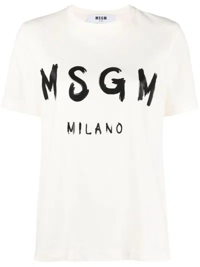 MSGM WHITE T-SHIRT WITH LOGO PRINT