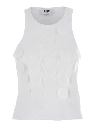 MSGM WHITE TOP WITH ROUND NECK AND APPLIED CIRCLE DETAILS