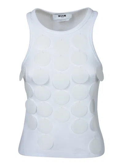 Msgm White Top With Round Neck And Applied Circle Details In Cotton Woman