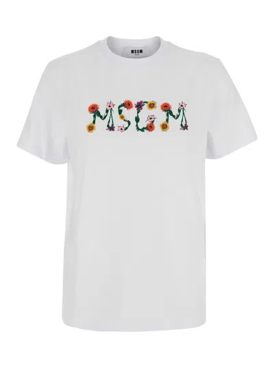 Msgm White T-shirt With Round Neck And Logo On Front For Men
