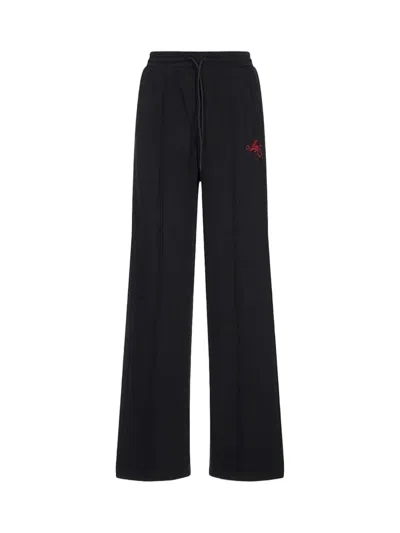 Msgm Wide-leg Cotton Pants With Drawstring Waistband In Black