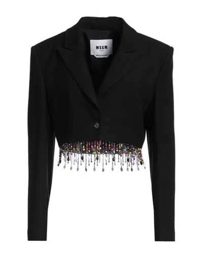Msgm Woman Blazer Black Size 10 Viscose, Linen, Glass, Polyester