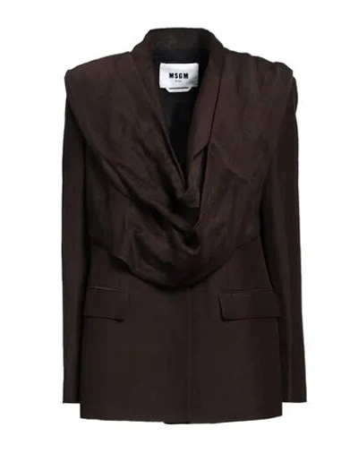 Msgm Woman Blazer Chocolate Brown Size 10 Linen, Viscose