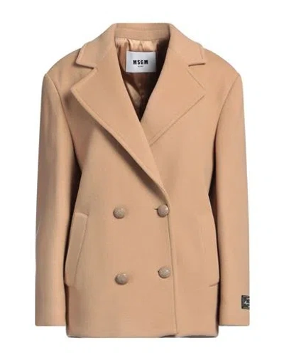 Msgm Woman Coat Camel Size 6 Virgin Wool, Polyamide In Beige