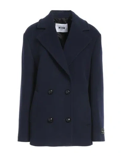 Msgm Woman Coat Midnight Blue Size 6 Virgin Wool, Polyamide