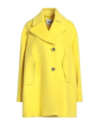 Msgm Woman Coat Yellow Size 4 Virgin Wool, Polyamide