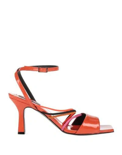 Msgm Woman Sandals Orange Size 7 Soft Leather, Elastic Fibres