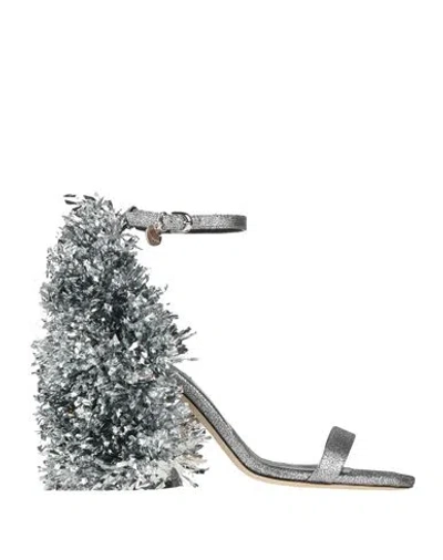 Msgm Woman Sandals Silver Size 7 Leather, Textile Fibers