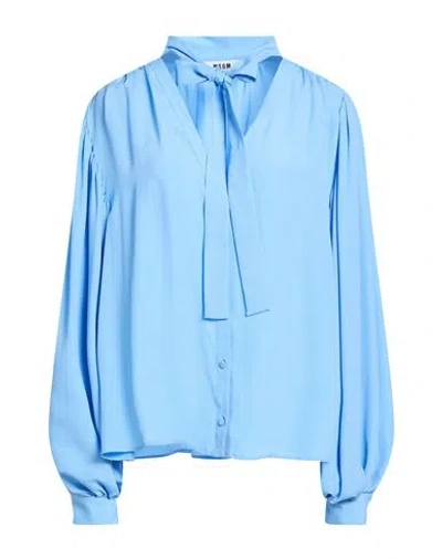Msgm Woman Shirt Azure Size 6 Acetate, Silk In Blue