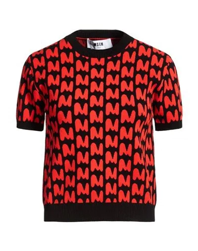 Msgm Logo-jacquard Short-sleeve Sweater In Red