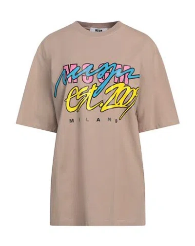 Msgm Woman T-shirt Khaki Size L Cotton In Beige