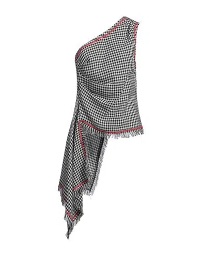 Msgm Fringed Hem Gingham One-shoulder Top In White,black