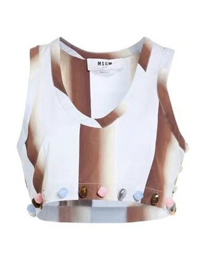 Msgm Woman Top Brown Size 4 Cotton In White
