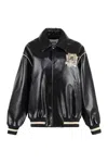 Msgm Logo-patch Faux-leather Bomber Jacket In Black