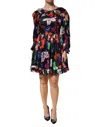 Msgm Dress Black Multicolor Floral Ruffle Long Sleeve Mini Dress In Multi