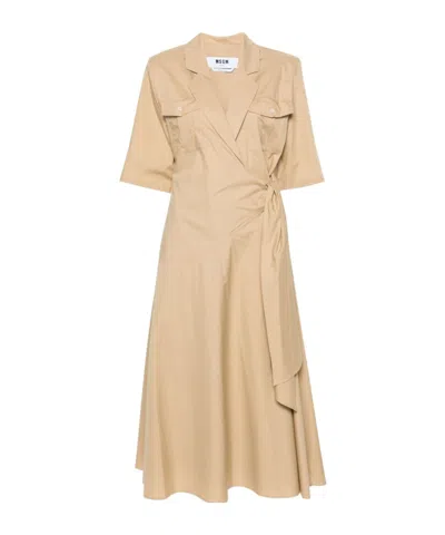 Msgm Cotton Poplin Midi Dress In Beige