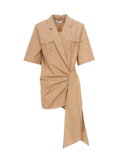 Msgm Wrap Detailed Mini Shirt Dress In Beige