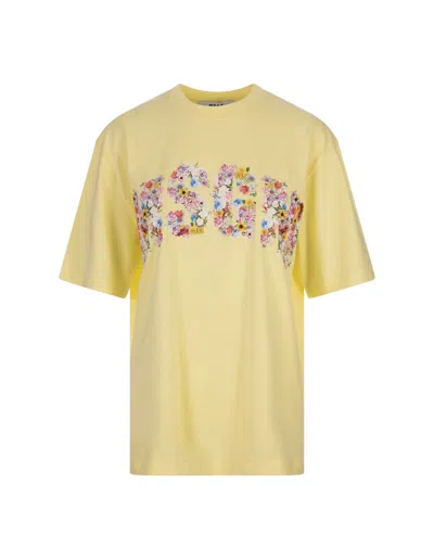 Msgm Yellow T-shirt With Floral College Logo