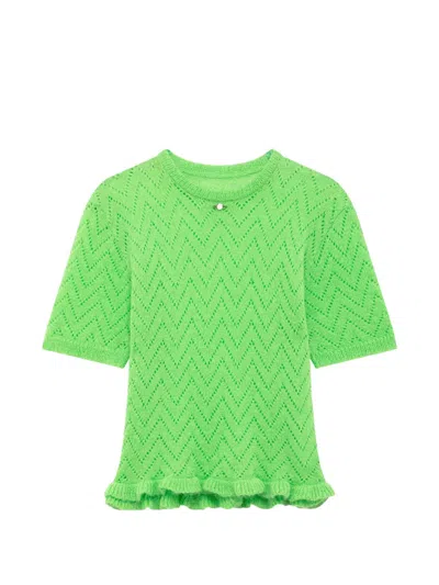 Msgm Zigzag-pointelle Ruffled Sweater In Green