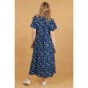 MSH MSH ABSTRACT LEOPARD PRINT SHORT SLEEVE MIDI WRAP DRESS IN BLUE