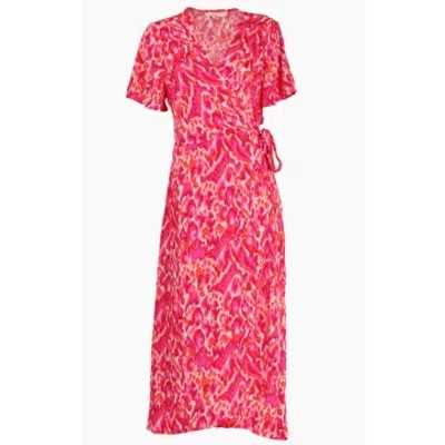 Msh Abstract Print Short Sleeve Dipped Hem Maxi Wrap Dress In Pink