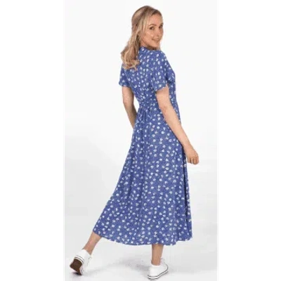 Msh Spotted Daisy Print Short Sleeve Dipped Hem Midi Wrap Dress In Blue
