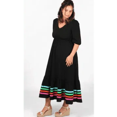 Msh V-neck Puff Sleeve Tiered Ribbon Stripe Cotton Maxi Dress In Black