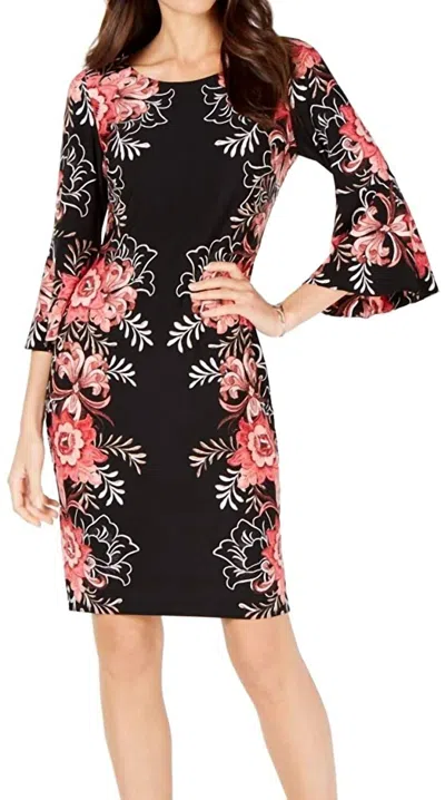 Msk Floral Bell Sleeves Cocktail Dress - Petites In Black/rose In Multi